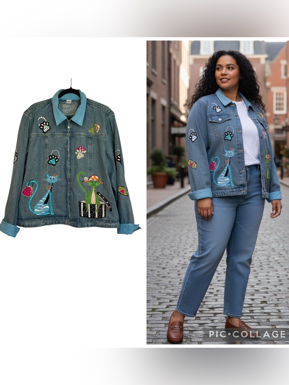 Bleu Bayou Cat Appliqué Embroidered Denim Jacket Blue Multi Y2K Plus Size 1X